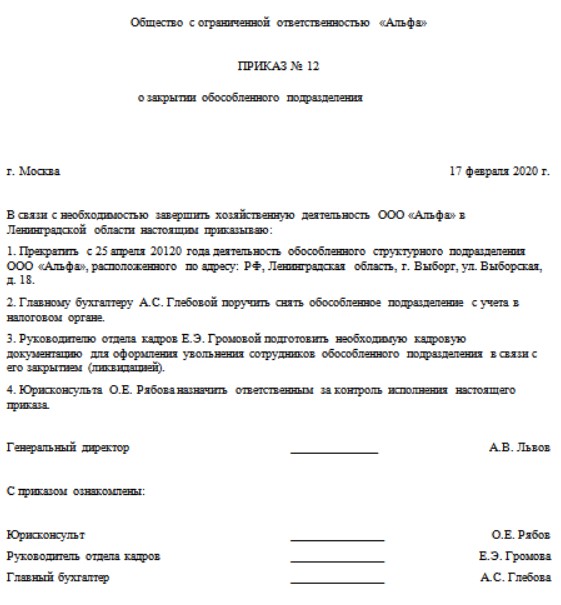 Ликвидация структурного подразделения оформляется