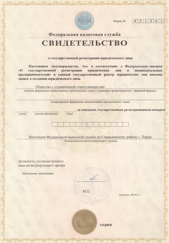 Свидетельство о гос регистрации юр лица образец